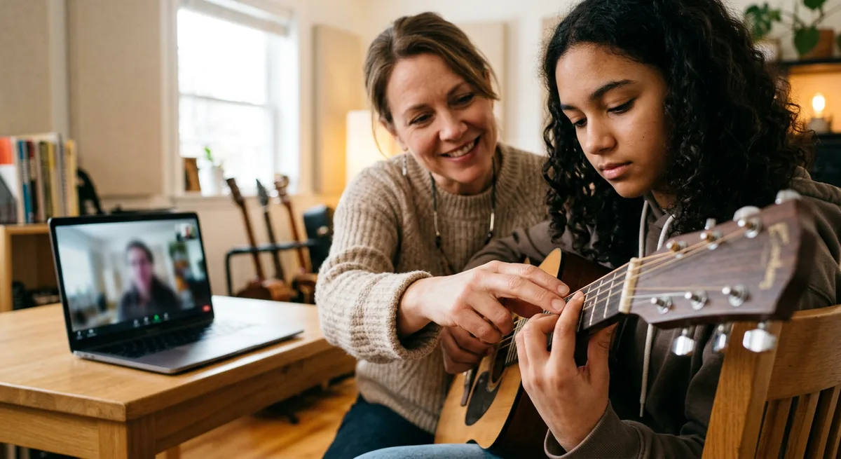 A teacher correcting a student's guitar hand position in a bright studio — real-time human correction in action