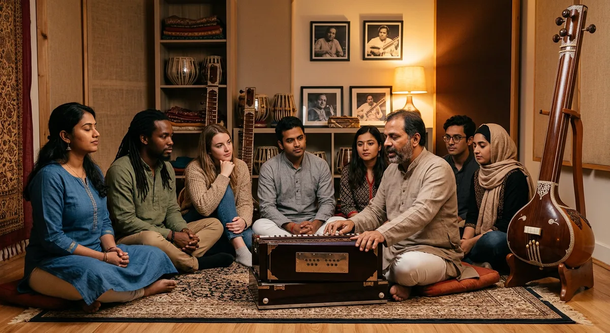 Small group of students listening intently as a teacher demonstrates raga on harmonium — human-led, contextual learning
