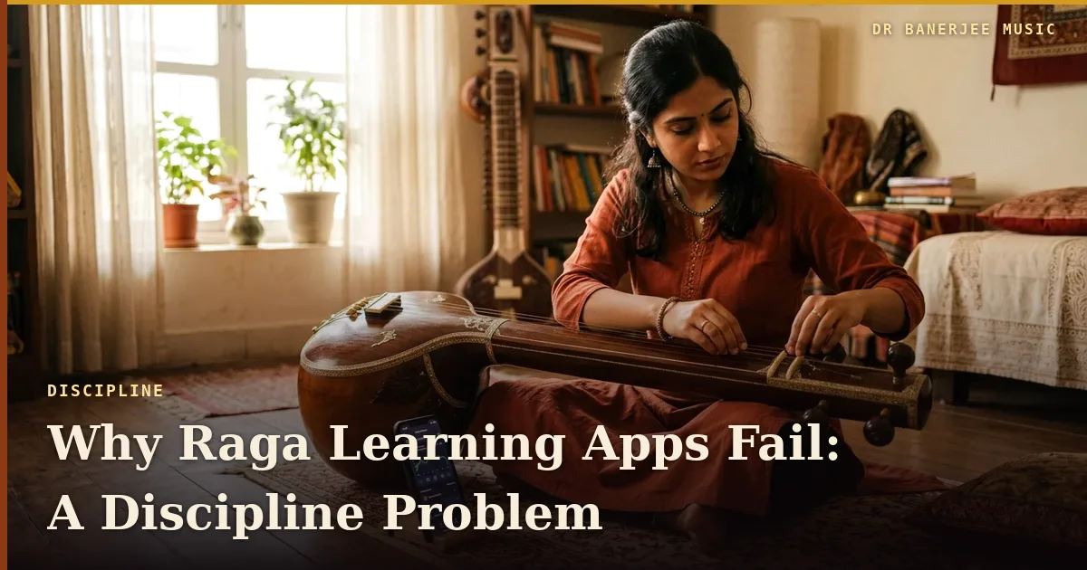 Why Raga Apps Fail: A Discipline Problem — title card with the subtitle “No app hears your raga”