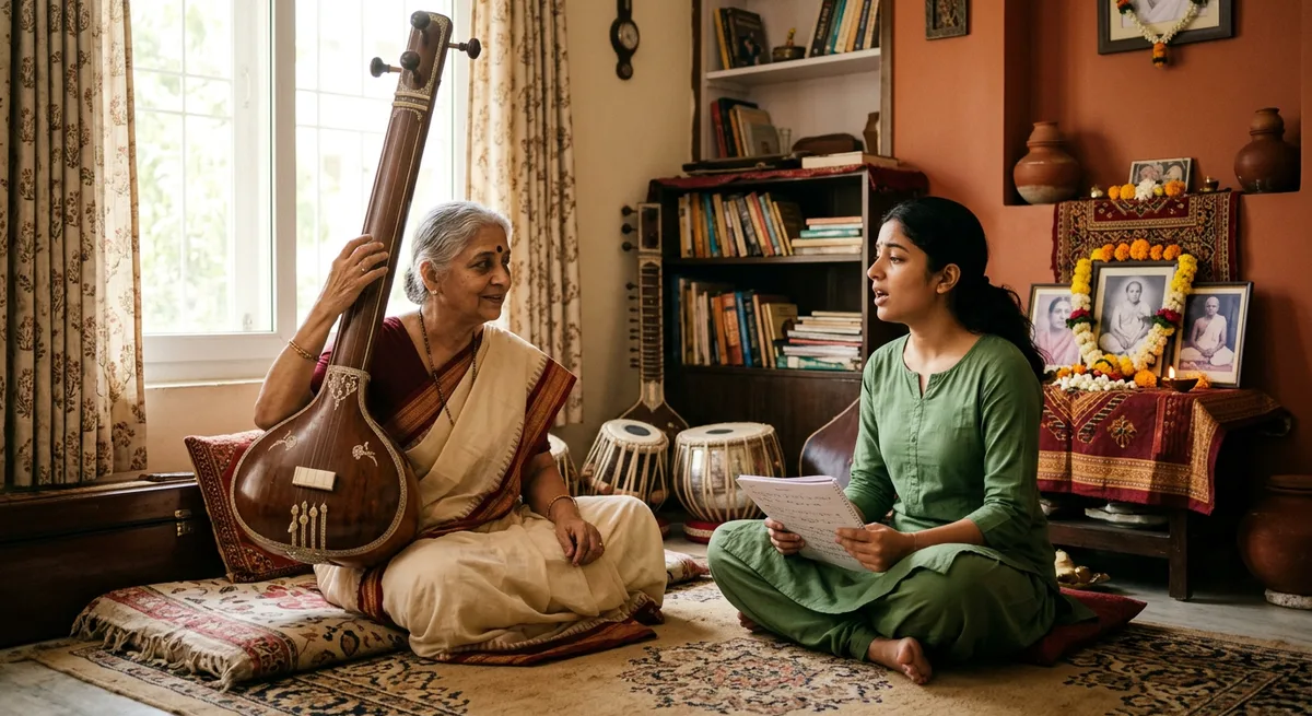 A Hindustani vocal student learning a raga with an elder teacher and a tanpura in a traditional home setting