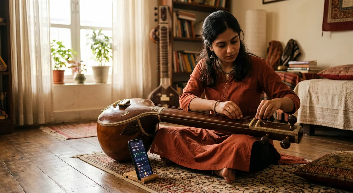 A raga learning app on a phone beside a tanpura, a learner turning toward the real instrument instead