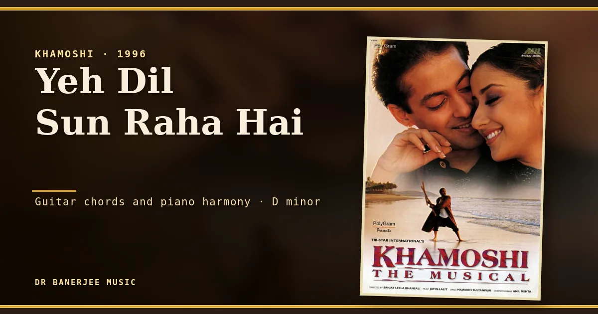 Yeh Dil Sun Raha Hai guitar chords and piano harmony — featured card with the Khamoshi movie poster
