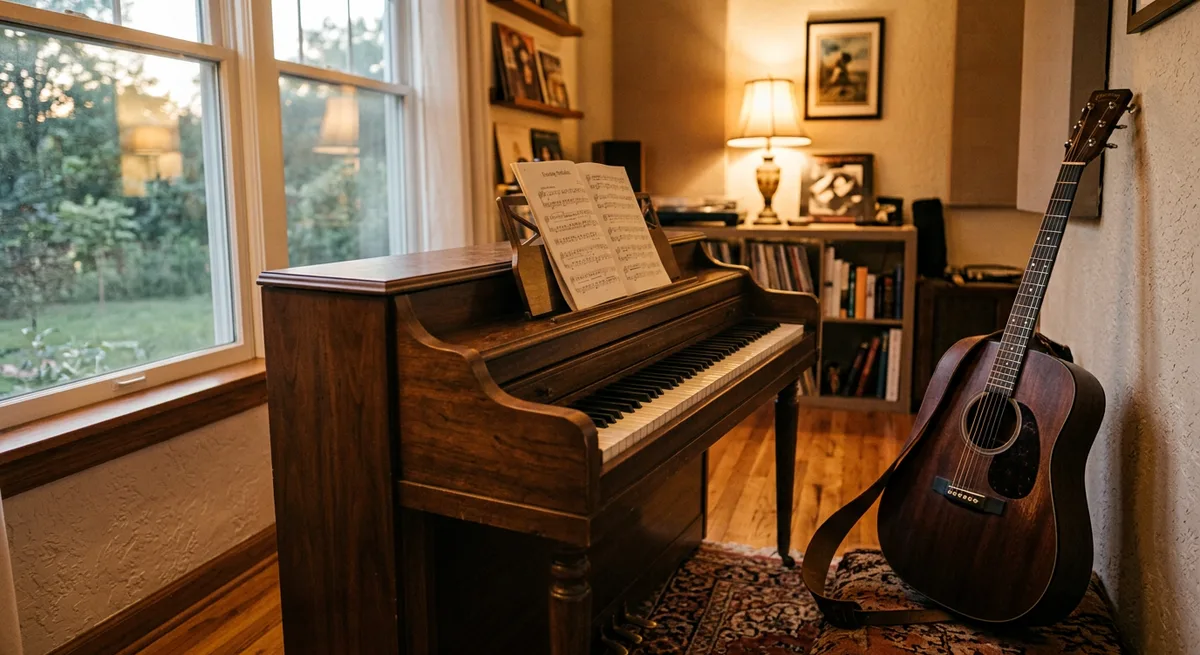 Piano and guitar in warm light — the two instruments used to voice Yeh Dil Sun Raha Hai